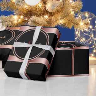 Papier Cadeau Carré Noir Et Rose Grilles Or Emballage Géométriqu