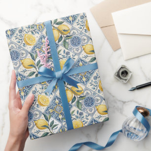 Papier Cadeau Carreau bleu citron aquarelle country français