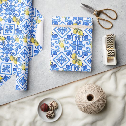 Papier Cadeau Carreau bleu citron jaune  (Artisanat)