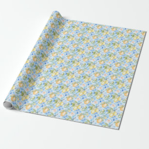 Papier Cadeau Carreau bleu méditerranéen Citron jaune Aquarelle