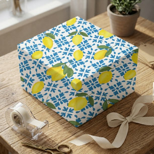 Papier Cadeau Carreau de pays français motif citron bleu