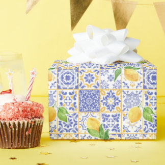 Papier Cadeau Carreau de style méditerranéen à motif de citron à
