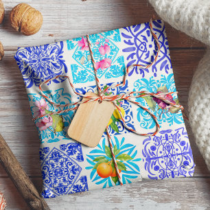 Papier Cadeau Carreau méditerranéen de citrus sicilien bleu vibr
