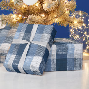 Papier Cadeau Carreaux Bleus en Denim Rustique Motif à Carreaux