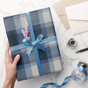 Papier Cadeau Carreaux Bleus en Denim Rustique Motif à Carreaux