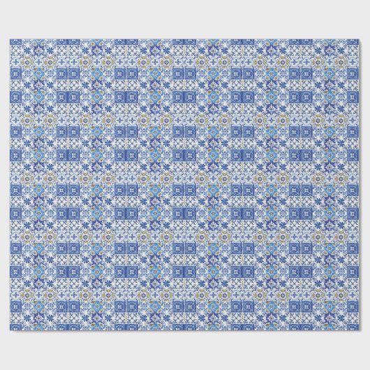 Papier Cadeau Carreaux de mosaïque bleu jaune blanc méditerranée (Plat)