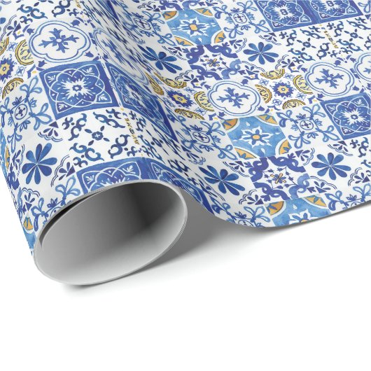 Papier Cadeau Carreaux de mosaïque bleu jaune blanc méditerranée (Coin rond)