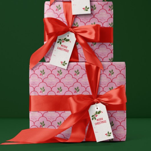 Papier Cadeau Carreaux de Noël rose et rouge