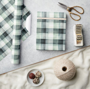 Papier Cadeau Carreaux écossais rayés blanc menthe noir