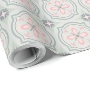 Papier Cadeau Carreaux Floraux Pastel Vert