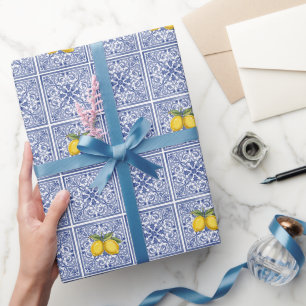 Papier Cadeau Carreaux italiens peints à la main bleu d'Amalfi e