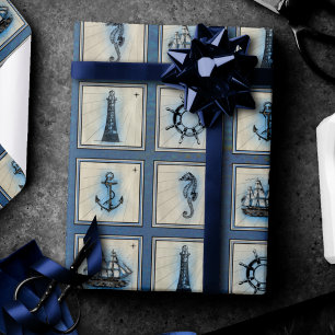Papier Cadeau Carreaux marins Blue Lighthouse Ancre Ship Wheel