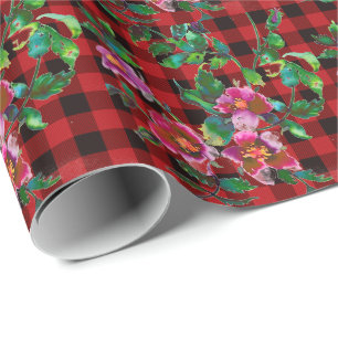 Papier Cadeau Carreaux rouges et noirs rustiques avec détails de