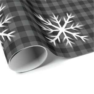 Papier Cadeau Carreaux tartan noir rustique et gris - flocon de