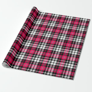 Papier Cadeau Carreaux Tartan Rose Noir Blanc 