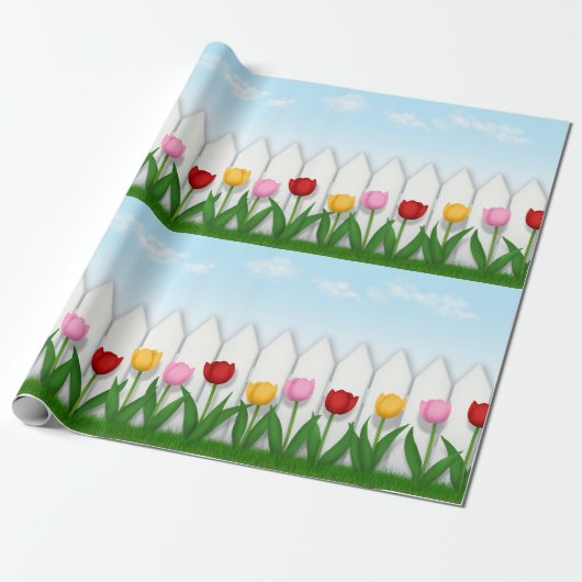 Papier Cadeau Carrelage blanc de clôture rose et jaune des tulip (Déroulé)
