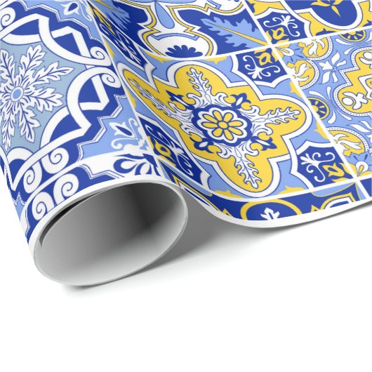 Papier Cadeau Carrelage bleu méditerranéen et Mariage d'agrumes (Coin rond)