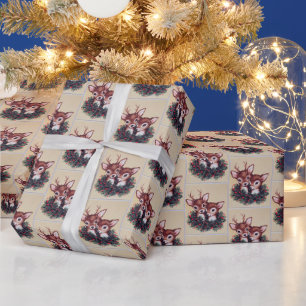 Papier Cadeau carrelage de cerf de Noël rétro