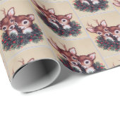 Papier Cadeau carrelage de cerf de Noël rétro (Coin rond)