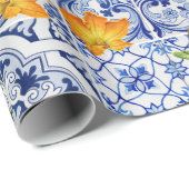 Papier Cadeau Carrelage de style sicilien avec fleurs et citron (Coin rond)