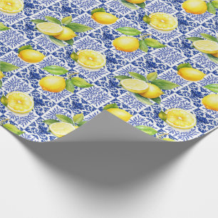 Papier Cadeau Carrelage en forme de citron bleu blanc méditerran