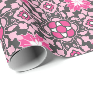 Papier Cadeau Carrelage Floral marocain, Fuchsia rose & gris / G