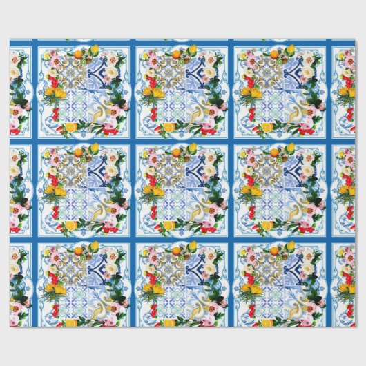 Papier Cadeau Carrelage méditerranéen, majolica, style sicilien  (Plat)