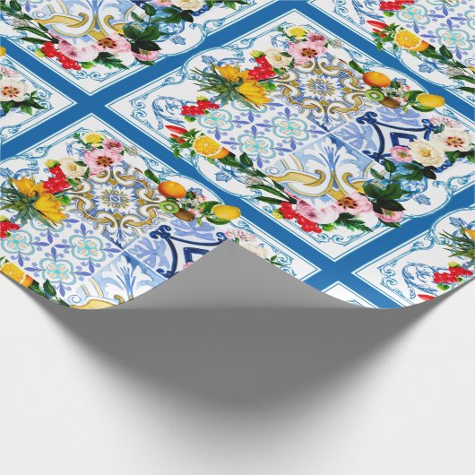 Papier Cadeau Carrelage méditerranéen, majolica, style sicilien  (Coin)