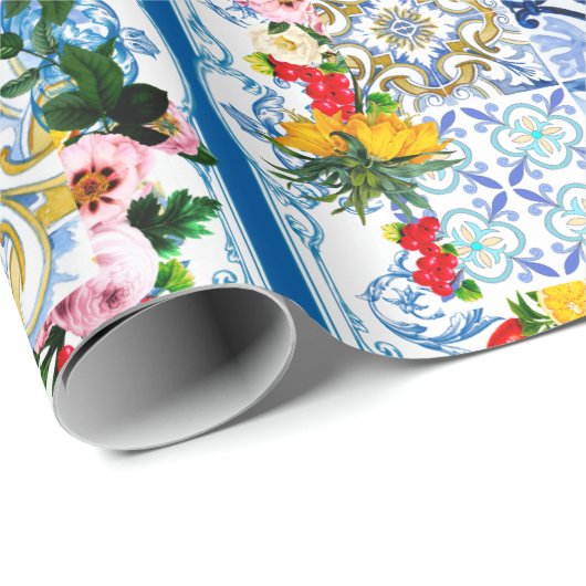 Papier Cadeau Carrelage méditerranéen, majolica, style sicilien  (Coin rond)