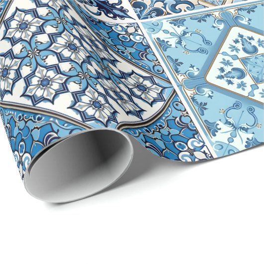 Papier Cadeau Carrelage méditerranéen, Portugais, Azulejo, Majol (Coin rond)