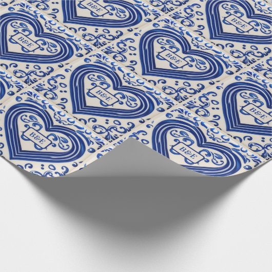 Papier Cadeau Carrelage peint bleu et blanc - Ajouter des initia (Coin)