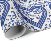 Papier Cadeau Carrelage peint bleu et blanc - Ajouter des initia (Coin rond)