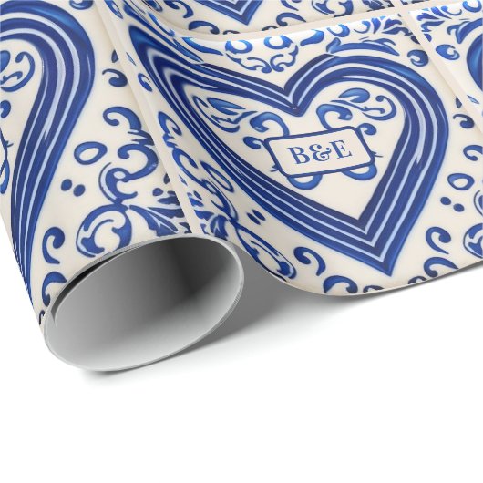 Papier Cadeau Carrelage peint bleu et blanc - Ajouter des initia (Coin rond)