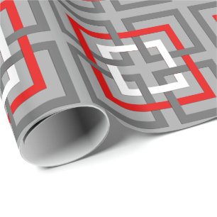 Papier Cadeau Carrés géométriques modernes, gris, rouge et blanc