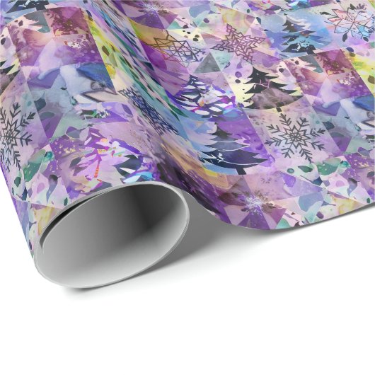 Papier Cadeau Carrés patchwork violets motif arbre de Noël (Coin rond)