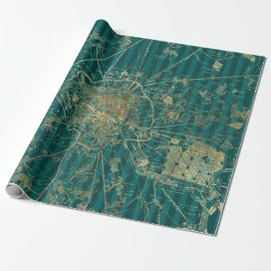 Papier Cadeau Carte ancienne en feuille d'or et turquoise