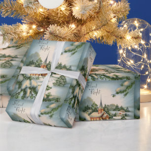 Papier Cadeau Carte de Noël vintage Église d'hiver Douce Nuit