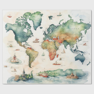 Papier Cadeau Carte de voyage à l'aquarelle