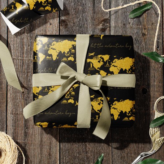 Papier Cadeau Carte du monde de la Parties scintillant d'or sur 