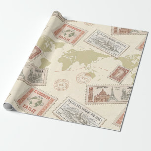 Papier Cadeau Carte du monde de timbres-poste vintage Voyage