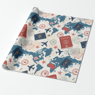 Papier Cadeau Carte du monde motif de voyage