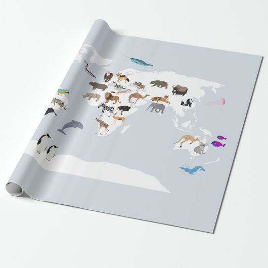 Papier Cadeau Carte du monde pour enfants Animaux (Déroulé)