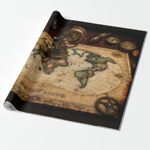 Papier Cadeau Carte du monde Steampunk Olde