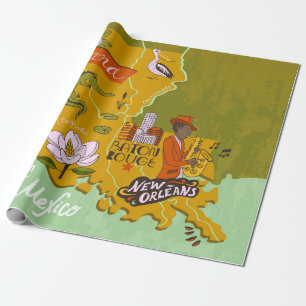 Papier Cadeau Carte illustrée de Louisiane, USA. Voyage et attr