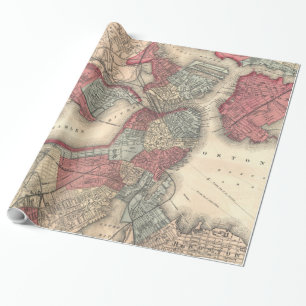Papier Cadeau Carte vintage du Massachusetts de Boston (1871)