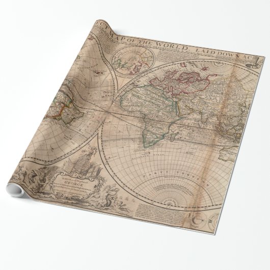 Papier Cadeau Carte vintage du monde (1709) (Déroulé)