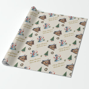 Papier Cadeau Carte Vintage Noël Snowman Cabine Wreath