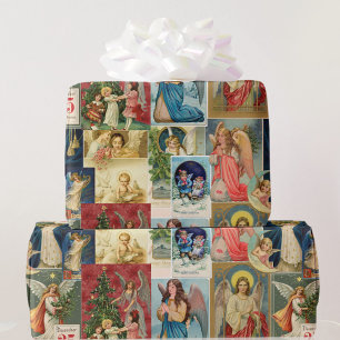 Papier Cadeau Cartes de Noël très anciennes avec collage d'anges