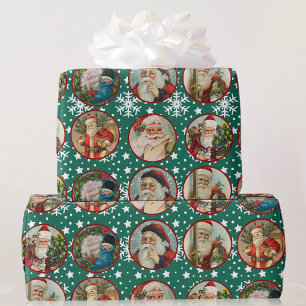Papier Cadeau Cartes vintages du Père Noël Neige blanche verte