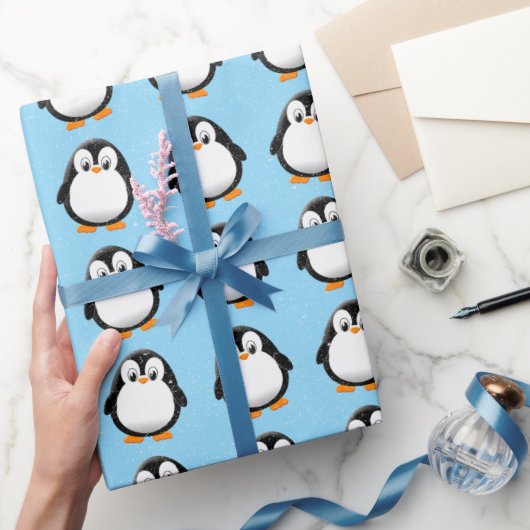 Papier Cadeau Carton en pingouin sur mesure bleu hiver (Cadeaux)